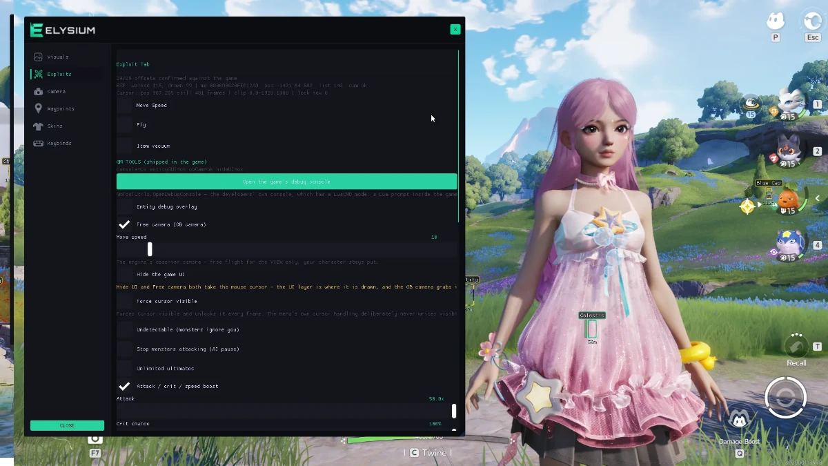 Aniimo cheat menu showing the exploits tab in game